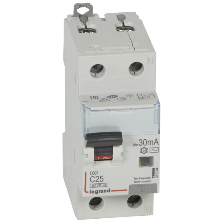 Disjoncteur différentiel - DX 6000 -10 kA -1P+N-230 V -25 A -30 mA -Type AC -N main droite