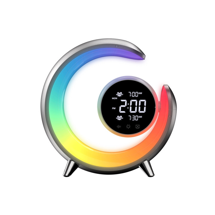 Immax 08985L PEACOCK Smart LED Bedside Lamp with Alarm Clock, RGB Light, USB Port, Silver