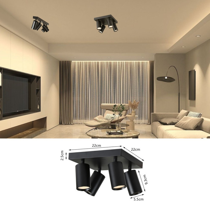 Immax PUNTO-4S Ceiling Wall Spotlight Square 4 Heads GU10 Black
