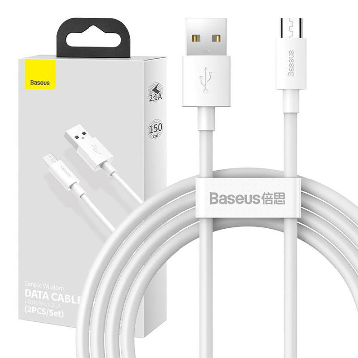 Baseus Simple Wisdom Data Cable Kit USB-A to Micro USB 2.1A (2-Pack) 1.5m White TZCAMZJ-02