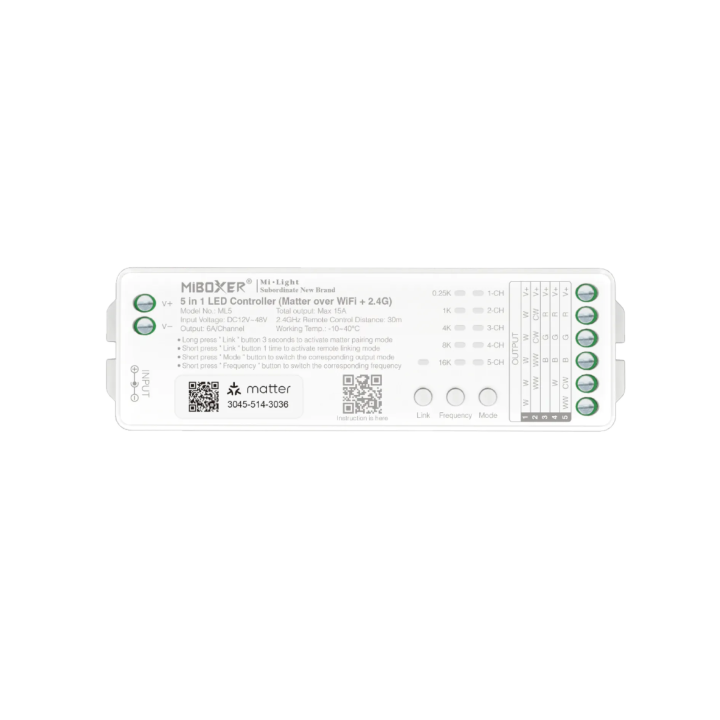 Controller 5in1 RGB+CCT Matter 12-48V 20A 2.4G ML5