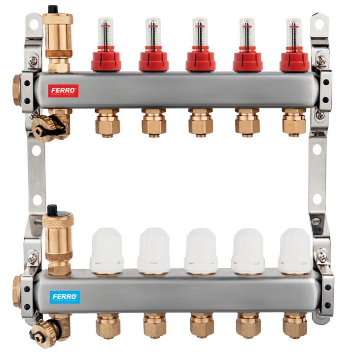 FERRO SN-RZP10S – stainless steel 10-way manifold 1", thermostatic valves and flow meters