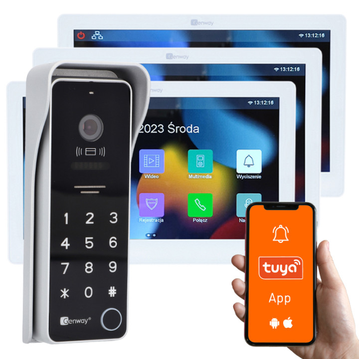 Genway KIT-F-S9-V14-2W-3 2-przewodowy zestaw wideodomofonowy z 3 monitorami dotykowymi 10 cali, Tuya WiFi