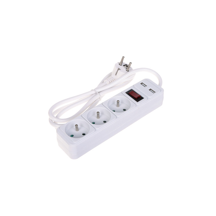 Extension Cord PR-1.5M-3G-SW/USB/W with 3 Outlets and 2 USB-A Ports, 1.5m