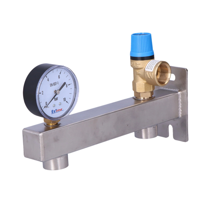 INOX domestic hot water safety group, 6 bar, with safety valve and pressure gauge