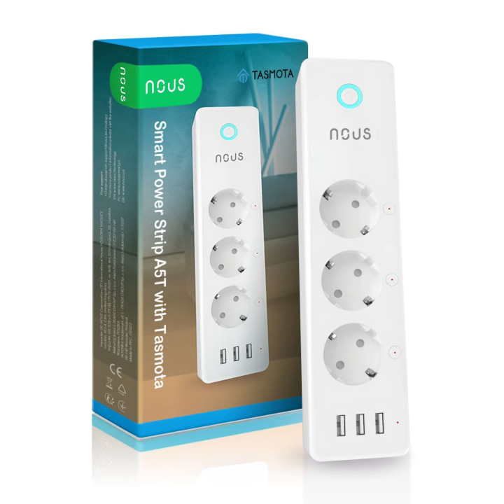 Nous A5T Smart Wi-Fi Power Strip, 3 Sockets + 3 USB-A, Tasmota Firmware