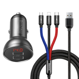 Baseus TZCCBX-0G Car Charger 24W with Display + 3-in-1 USB Cable 1.2m