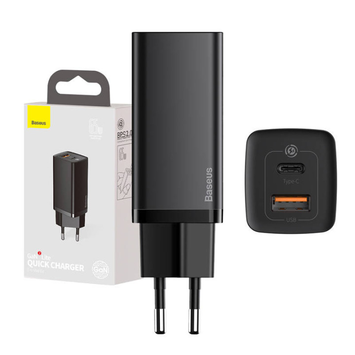 Baseus GaN2 Lite USB + C 65W UE Cargador de viaje rápido (negro) CCGAN2L-B01