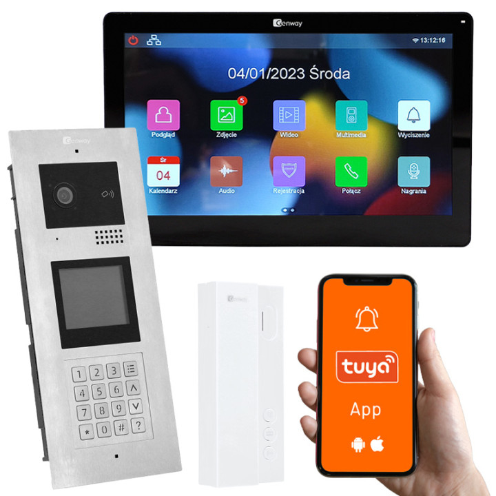 Genway KIT-F-M91-A01-2W-C Zestaw wideodomofonowy do wielu mieszkań z kodem, kartą, brelokiem, integracją ze smartfonem Tuya, obs