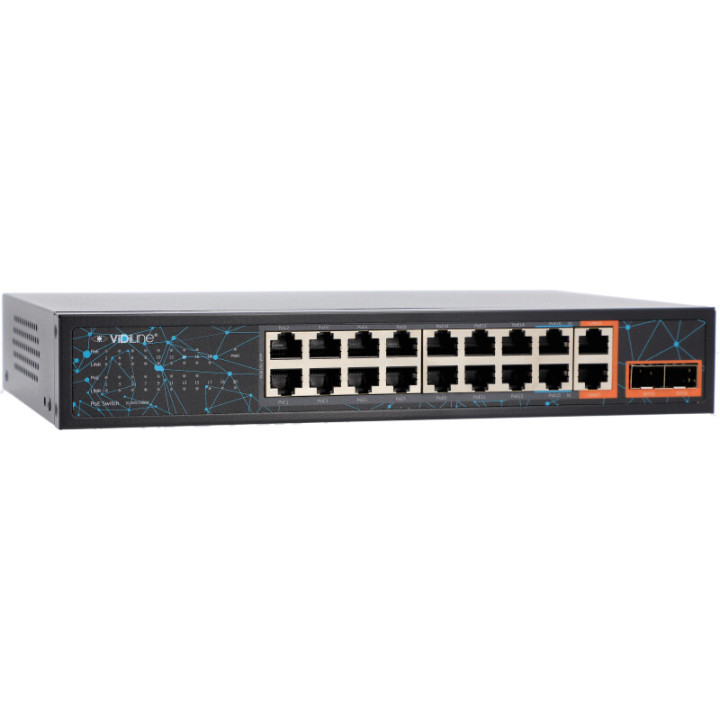 VidiLine VIDI-F1622GBL 16-portowy przełącznik PoE z 2x RJ45 Uplink i 2x SFP, 240W