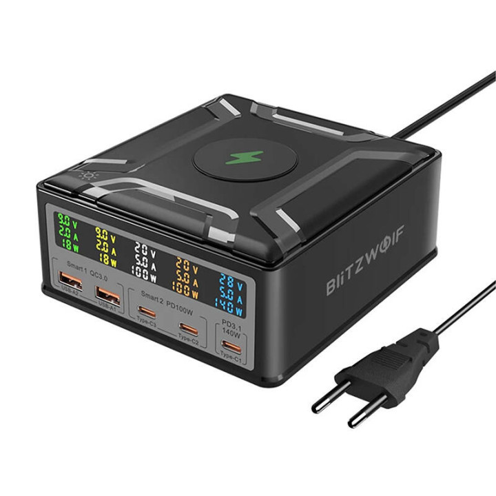 Blitzwolf BW-S28 260 Вт, 2xUSB-A, 3xUSB-C, беспроводное зарядное устройство 15 Вт (черное)