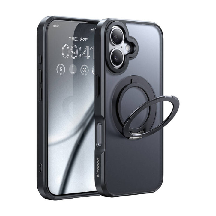 Funda McDodo PC-4930 MagSafe para iPhone 16 con soporte (negro)
