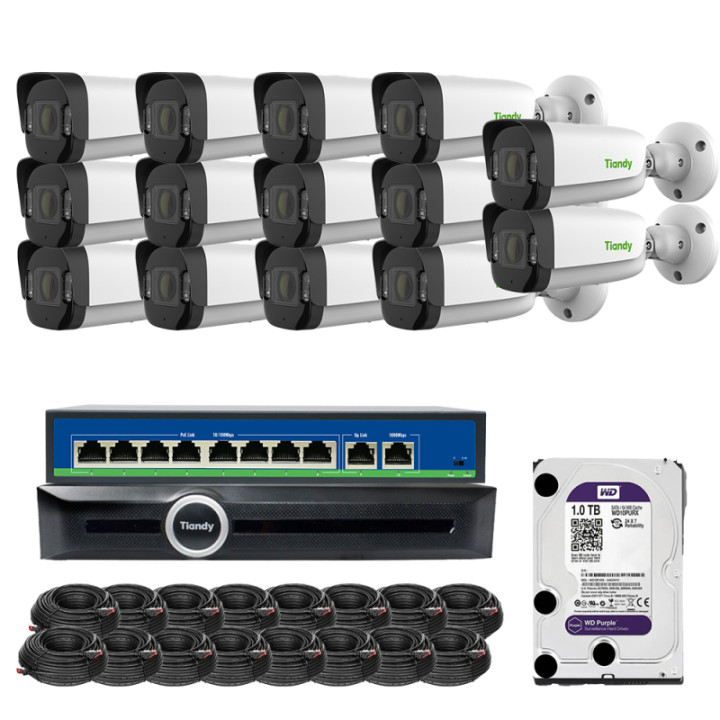 Tiandy FULL-COLOR-14X IP Surveillance Kit with 14 Bullet Cameras 4MP Color Maker
