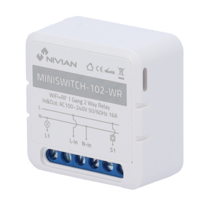 NIVIAN RETAIL NVS-MINISWITCH-102-WR Умный Wi-Fi релейный модуль 1 канал 10A 230V Белый