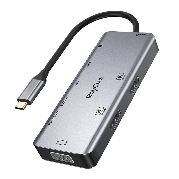 Концентратор 9 в 1 RayCue USB-C на 2 порта USB-A 3.0 5 Гбит/с + 2 порта SD/TF 3.0 + 2 порта HDMI 4K30 Гц + VGA 1080p + разъем 3,