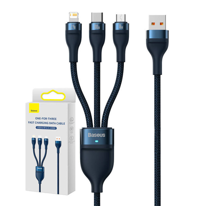 USB-кабель 3в1 Baseus Flash Series, USB-C + micro USB + Lightning, 100 Вт, 1,2 м (синий)