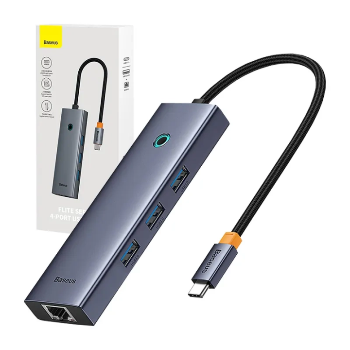 Концентратор 4-в-1 Baseus UltraJoy USB-C с 3 портами USB 3.0 + RJ45 (серый космос)