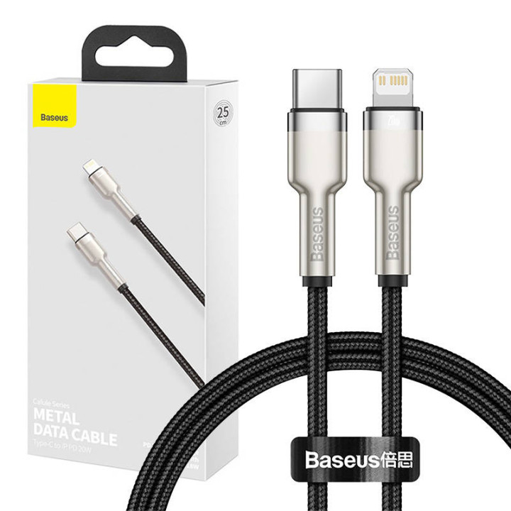 Cable USB-C para Lightning Baseus Cafule, PD, 20W, 0,25m (negro)