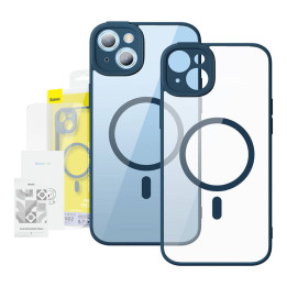 Baseus Frame Juego de funda magnética transparente y vidrio templado para iPhone 14 Plus (azul)