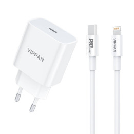 Cargador de pared VFAN E04, USB-C, 20W, QC 3.0 + cable Lightning (blanco)