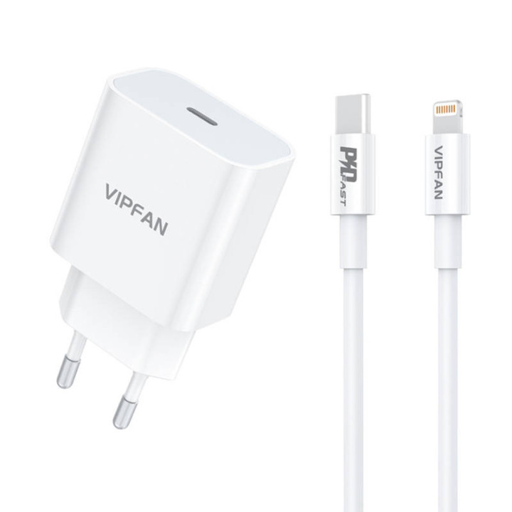 Cargador de pared VFAN E04, USB-C, 20W, QC 3.0 + cable Lightning (blanco)