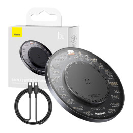 Cargador inductivo Qi inalámbrico Baseus Simple 2, 15W con cable USB-C a USB-C (negro)
