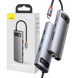 Концентратор 8 в 1 серии Baseus Metal Gleam, USB-C — 3 порта USB 3.0 + HDMI + USB-C PD + Ethernet RJ45 + microSD/SD