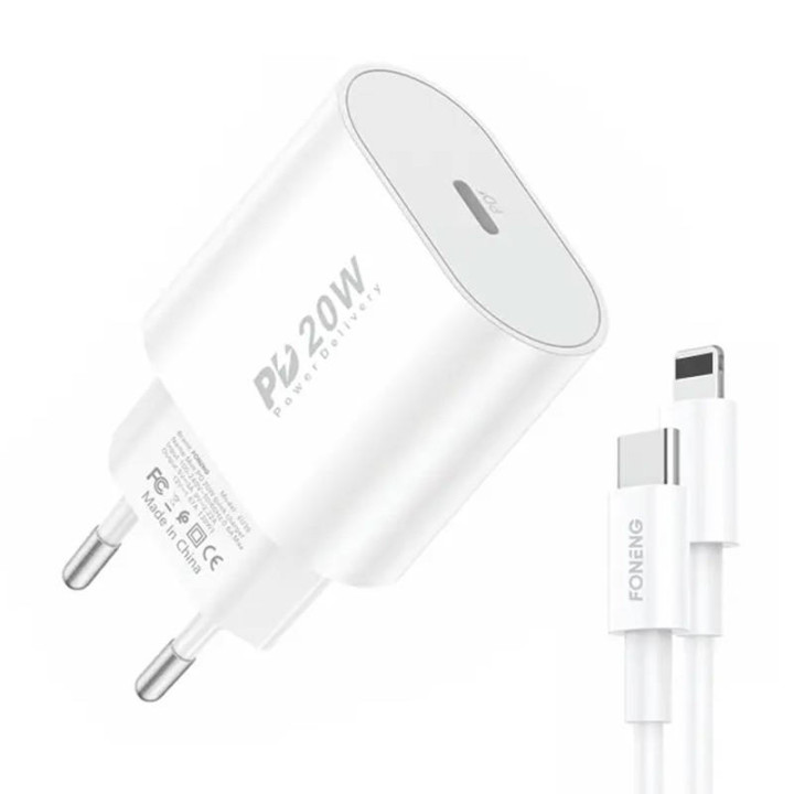Cargador Rápido Foneng 1x USB PD 3.0 EU39 20W + USB C a Lightning