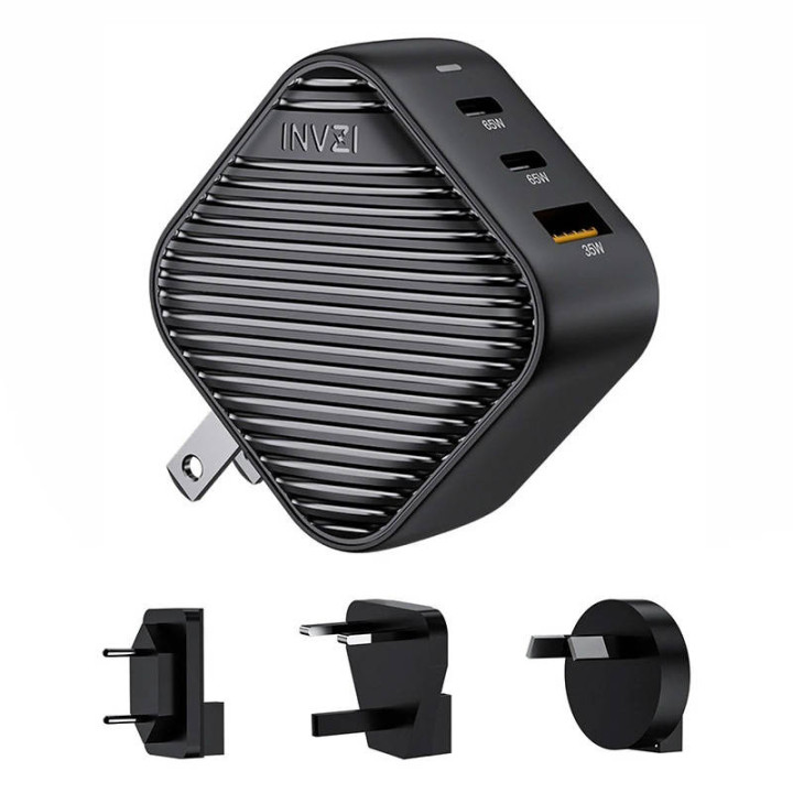 INVZI GanHub 2x USB-C + cargador de pared USB, 65W, UE/UK/AU/US (negro)