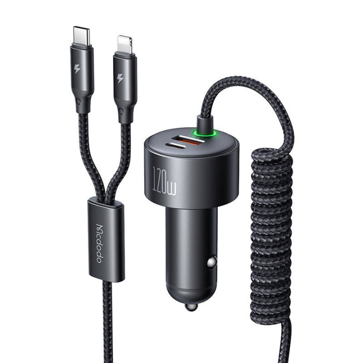 Cargador de coche Mcdodo CC-0370, USB-C, Lightning, 120W, cables retráctiles