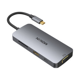 Adaptador MOKiN 8in1 USB-C a 3x USB 3.0 + HDMI + USB-C + VGA + Lector de tarjetas SD + Lector de tarjetas Micro SD (plateado)