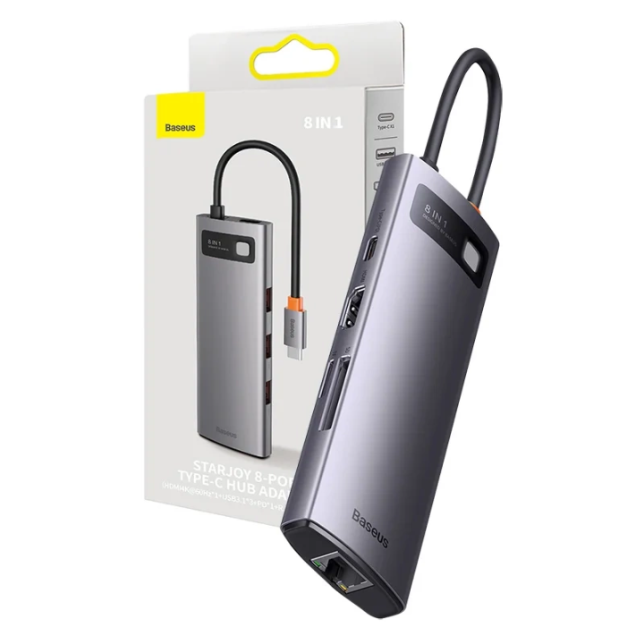Концентратор серии Baseus StarJoy 8 в 1, USB-C — 3 порта USB 3.1 + HDMI + USB-C PD + RJ45 + microSD/SD
