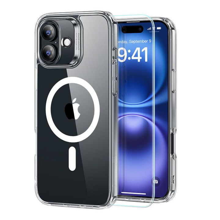 Estuche híbrido (HaloLock) ESR para iPhone 16 con kit de protección de pantalla (transparente)
