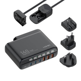 Cargador de corriente con pantalla 140W LDNIO A6140C 3x USB-A + 3x USB-C, EE. UU./Reino Unido/UE (negro)