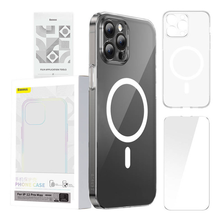 Чехол для телефона Baseus Magnetic Crystal Clear для iPhone 12 Pro Max (прозрачный) с защитной пленкой из закаленного стекла и н