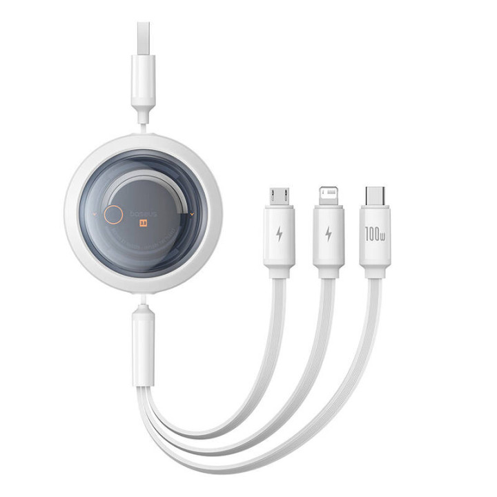 Cable Baseus Free2Draw USB a M+L+C 3 en 1 de 100 W, 1,1 m (blanco)
