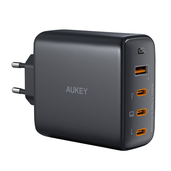 Зарядное устройство Aukey PA-B7S, 1xUSB-A, 3xUSB-C, 100 Вт GaN (черное)