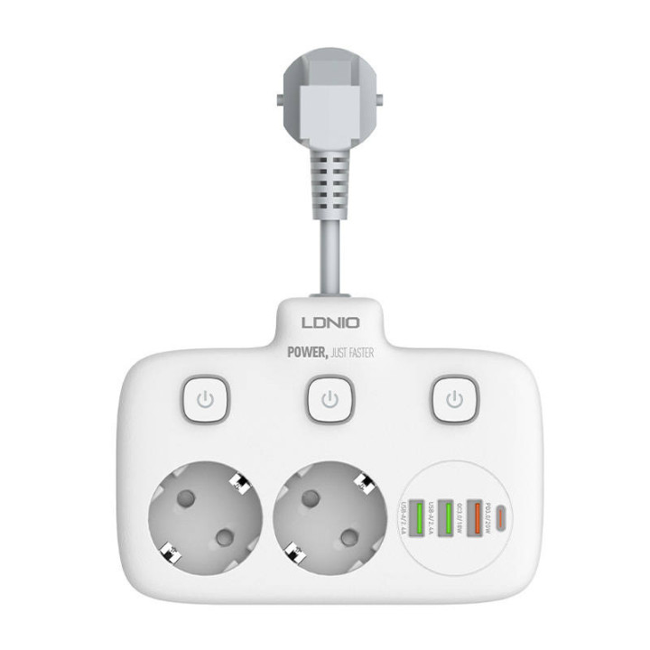 Удлинитель с 2 розетками переменного тока, 3x USB, USB-C, LDNIO SE2435, 2500 Вт (белый)