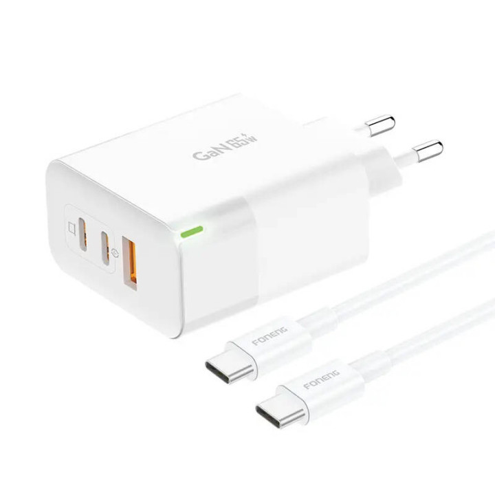 Cargador Foneng GAN65 USB-A, 2x USB-C GaN 65W con cable USB-C