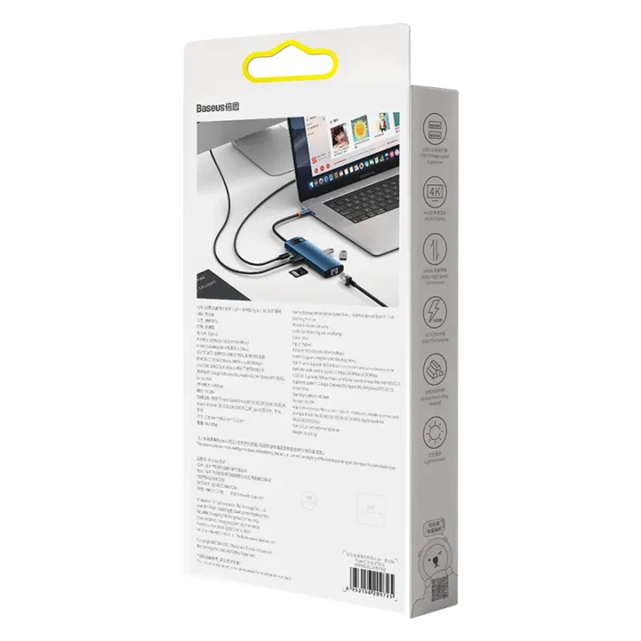 Адаптер-концентратор Baseus 8 в 1 USB-C на 3 порта USB 3.0 + HDMI + USB-C PD 4K HD