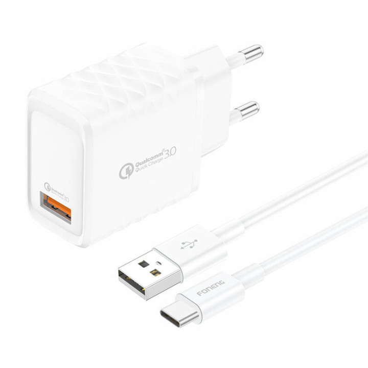 Foneng EU54 18W USB-A, cargador de red 3A (Blanco) + cable USB-A a USB-C