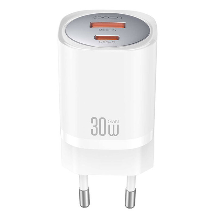 Cargador de pared XO CE21, 30W, GaN, 1x USB-C, 1x USB-A