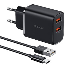 Mcdodo CH-5072 USB-A*2, cargador de corriente de 12W + cable USB-A a USB-C (negro)
