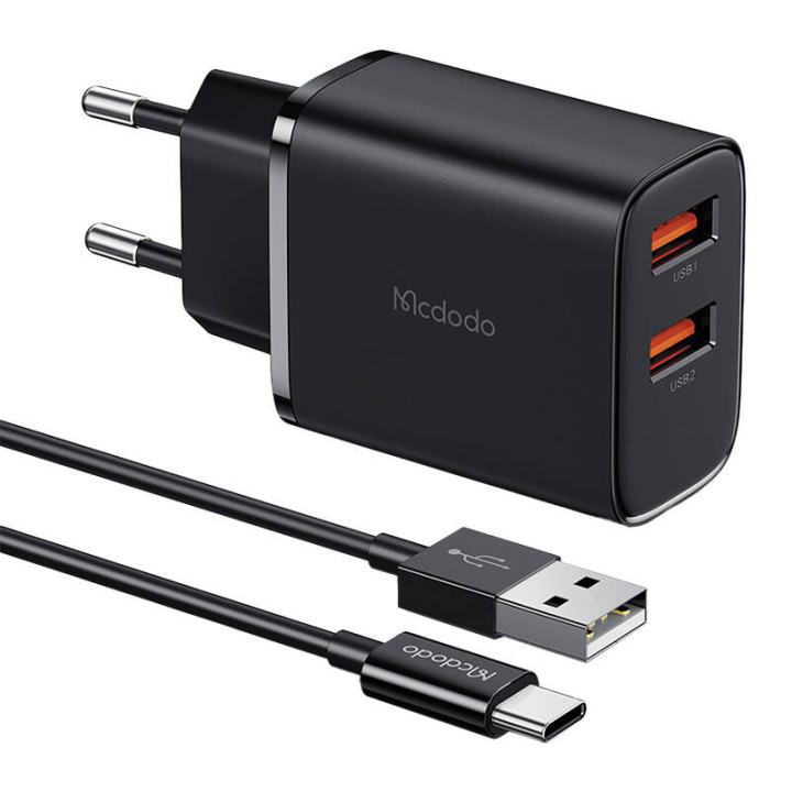 Mcdodo CH-5072 USB-A*2, cargador de corriente de 12W + cable USB-A a USB-C (negro)