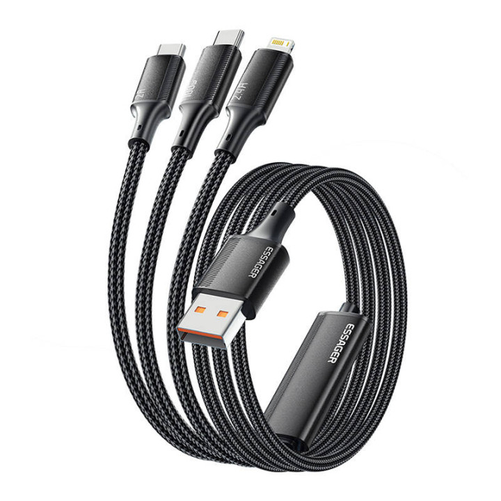 Кабель USB-A 3 в 1, Essager, EXCMTL-JJ01-P, USB-C/Lightning/Micro, 100 Вт, 1,2 м (черный)