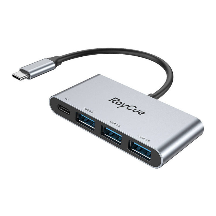 Концентратор RayCue 4-в-1 USB-C — 3x USB-A 3.0 5 Гбит/с + PD 3.0 100 Вт (серый)