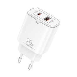 Cargador de red VFAN E08, USB + USB-C, 20W PD + QC 3.0 (blanco)
