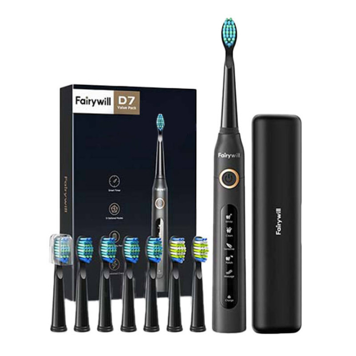 Szczoteczka soniczna z zestawem główek i etui FairyWill FW-507 Plus (czarna)