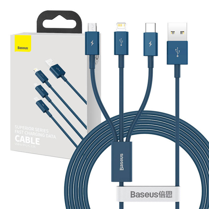 Cable USB 3 en 1 Baseus Serie Superior, USB a micro USB / USB-C / Lightning, 3,5 A, 1,5 m (azul)