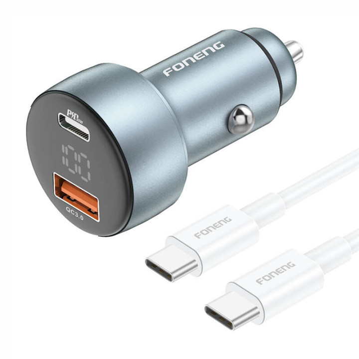 Cargador de coche Foneng C18 1xUSB-A, 1xUSB-C 2.4A 48W (gris) + cable USB-C a USB-C